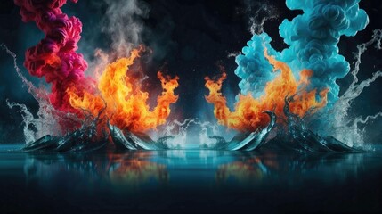 Fire and water clash in a dramatic display of color and energy. AI.