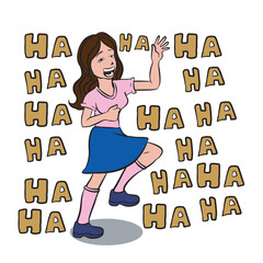 Woman laughing a lot with onomatopoeia of laughter. Isolated on transparent background.