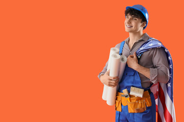 Male construction worker with USA flag and wallpaper on orange background