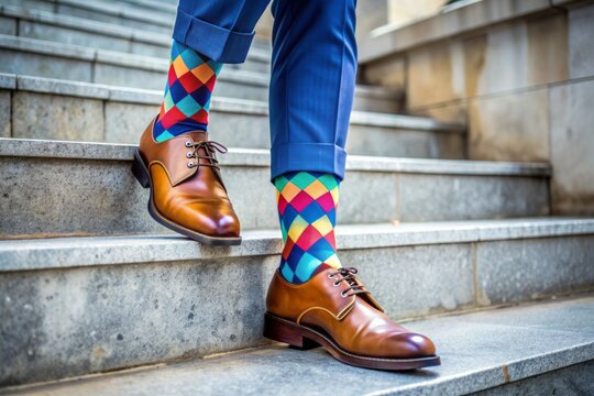 Vibrant playful socks peek out from under sleek dress shoes on sleek marble stairs, showcasing a unique blend of professionalism and whimsical personal style. - Powered by Adobe