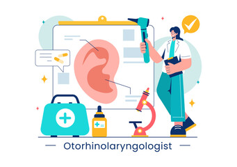 Vector Illustration of an Otorhinolaryngologist in a Healthcare Setting, Relating to Medical Issues of the Ear, Nose and Throat in a Flat Background