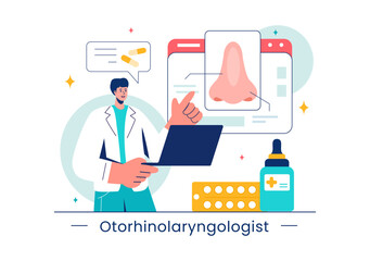 Vector Illustration of an Otorhinolaryngologist in a Healthcare Setting, Relating to Medical Issues of the Ear, Nose and Throat in a Flat Background