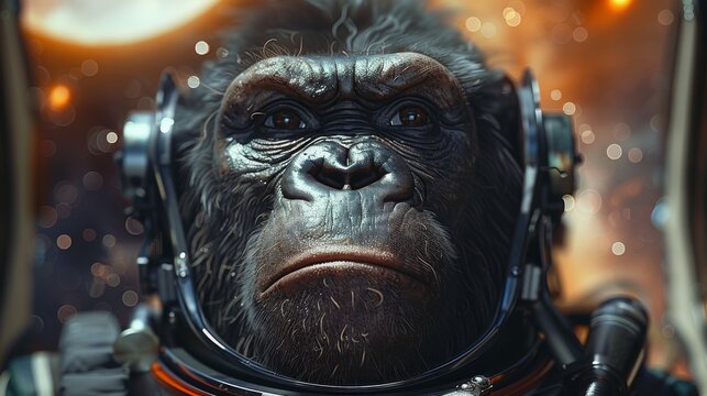 Serious astronaut monkey wearing a space suit and looking into space with a celestial background