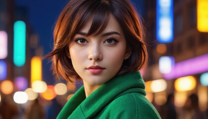 Fototapeta premium Young Woman in Green Coat Looking at Camera in City Night.