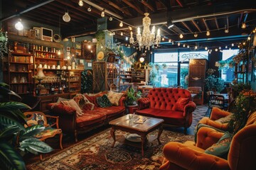 Cozy Vintage Coffee Shop Interior with Red Velvet Sofas