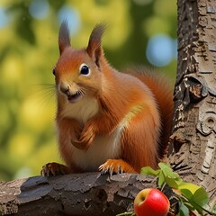 Close of portrait of cute scottish red squirrel sitting on a tree branch in the woods in the sunshine eating a red apple