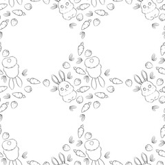 Cute bunny with carrot, leaves, and strawberry pattern cartoon coloring page, can be used for wallpaper, fabric, wrapping design