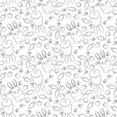 Cute bunny with carrot, leaves, and strawberry pattern cartoon coloring page, can be used for wallpaper, fabric, wrapping design
