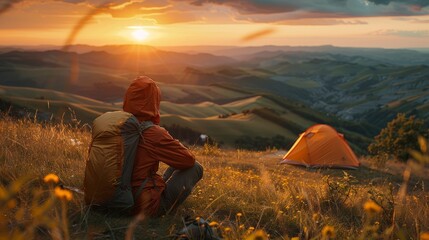 Fototapeta premium lone camper sitting by a tent on a hillside, overlooking a vast valley with rolling hills and a sunrise