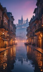 Fototapeta premium Romantic Evening Canal with Gondolier and Castle in the Distance.