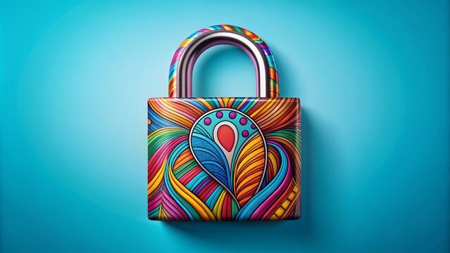 Vibrant lock with playful colors and abstract design rests prominently against a serene blue background, exuding a sense of secured freedom.