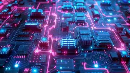 Obraz premium Hightech server farm with glowing blue and pink lights, connected by intricate circuitry and digital pathways