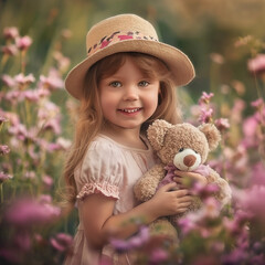 Smiling little girl with teddy bear among flowers