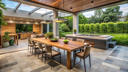 Fototapeta premium Spacious outdoor dining area features a sleek kitchen island, wooden table, and chairs on a beautifully paved patio surrounded by lush greenery.