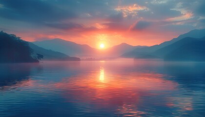 Fototapeta premium sunset in the mountains at a calm lake that creates a perfect reflection