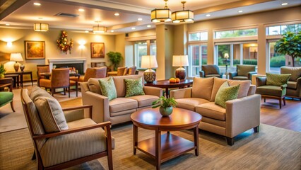 Cozy senior living facility with comfortable seating, warm lighting, and subtle background blur, evoking feelings of care and companionship.