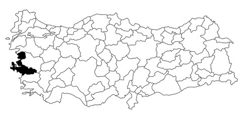 Map of Izmir ils province in Turkey country on white background. Single State map highlighted by black colour on Turkey map. Türkiye, TR, Republic of Türkiye