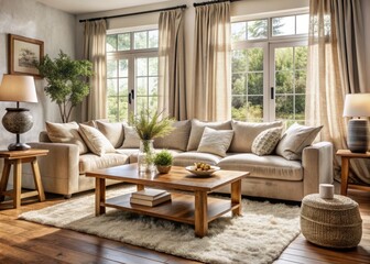 Cozy living room with plush beige sofa, rustic wooden coffee table, and soft cream curtains illuminating a warm and inviting atmosphere through large windows.