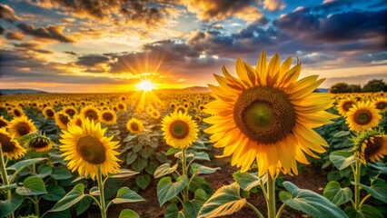 Golden petals stretch towards the horizon as the warm evening sun casts a gentle, serene glow on the vibrant sunflower field.
