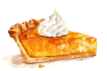 Watercolor illustration of a slice of pumpkin pie topped with whipped cream, capturing the delicious essence of a classic fall dessert.