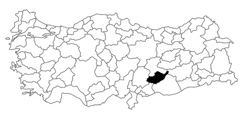 Map of adiyaman ils province in Turkey country on white background. Single State map highlighted by black colour on Turkey map. Türkiye, TR, Republic of Türkiye