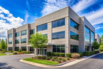 Modern commercial building in industrial park serves as company headquarters, featuring professional rental offices,
