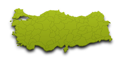 3d Map of Turkey with state and color.  Türkiye country map
