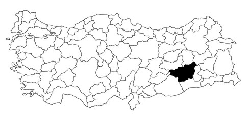 Map of diyarbakir ils province in Turkey country on white background. Single State map highlighted by black colour on Turkey map. Türkiye, TR, Republic of Türkiye