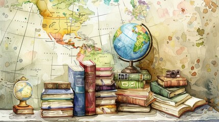 A colorful world map background featuring a globe and stacked vintage books, perfect for education and travel themes.