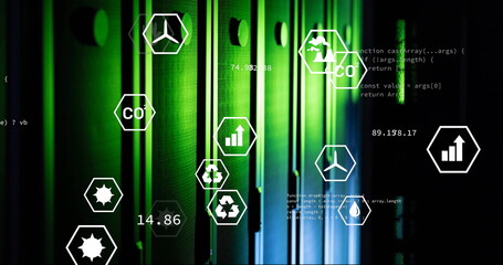 Image of eco icons, digital data processing over computer servers