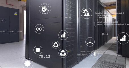 Image of eco icons, digital data processing over computer servers