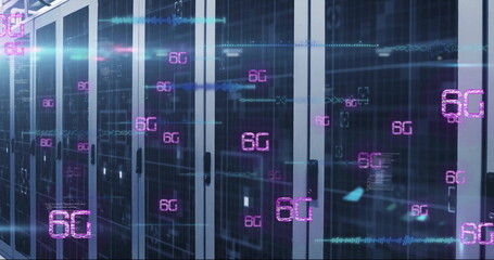 Image of 6g text, digital data processing over computer servers