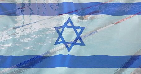 Image of flag of israel over caucasian swimmer in swimming pool