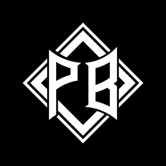 PB Letter logo abstract shield shape with square white outline on black background template