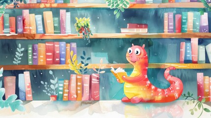 Naklejka premium A whimsical illustration of a colorful worm reading a book in a vibrant library filled with shelves of books and greenery.
