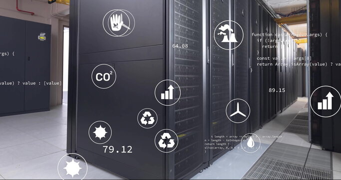 Image of eco icons, digital data processing over computer servers