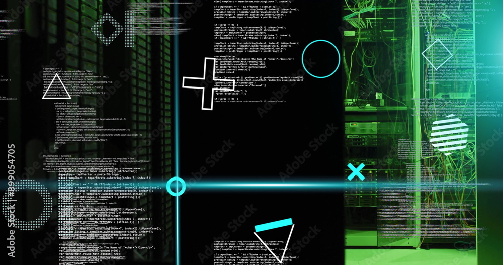 Poster digital data processing and analysis image over green and black technological background