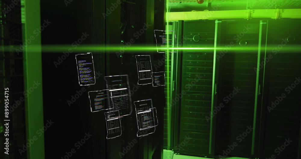 Poster data processing image over green-lit server room with floating code screens