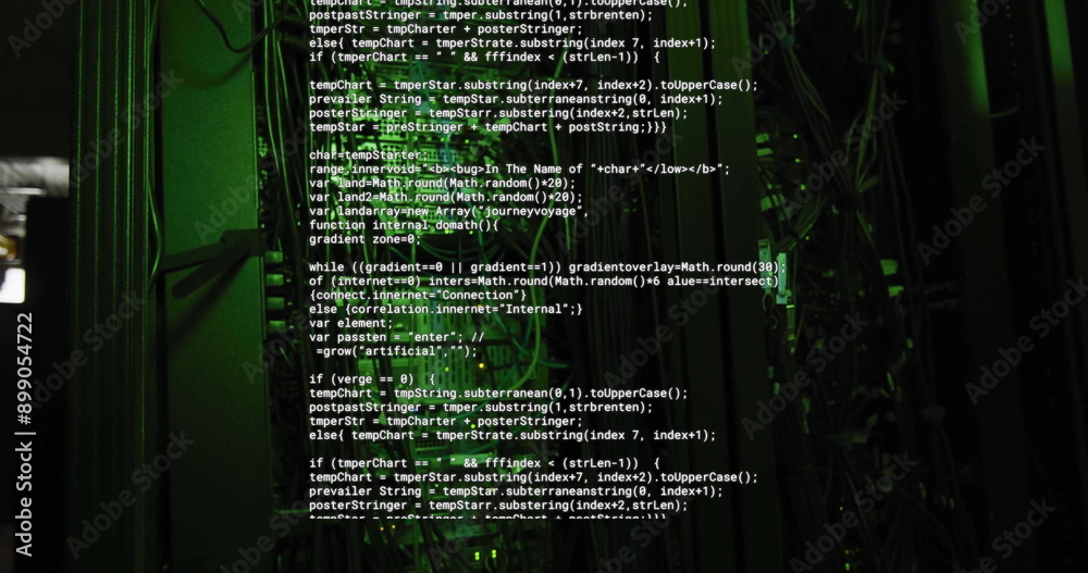 Poster computer code image over server racks in dark room
