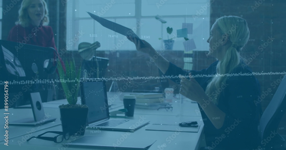 Poster Working at desk, woman typing on laptop with data processing image over office scene