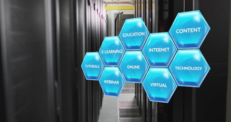 Hexagonal blue icons with educational terms image over server room background