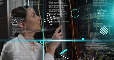 Analyzing data and network connections, woman in server room with image overlays
