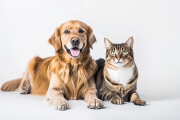 heartwarming portrait of a smiling golden retriever and tabby cat sitting side by side against a clean white background showcasing interspecies friendship and companionship
