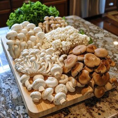 Fototapeta premium A variety of fresh mushrooms arranged on a wooden cutting board