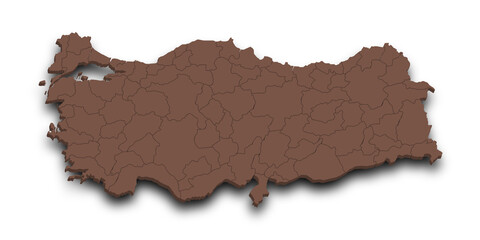 3d Map of Turkey with state and color.  Türkiye country map