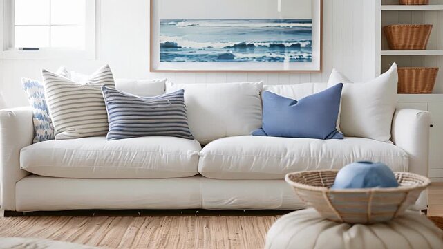 A soothing living room with a coastal touch featuring a crisp white sofa natural jute rug and pops of soft blue in the throw pillows and wall art.
