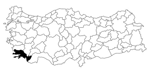 Map of mugla ils province in Turkey country on white background. Single State map highlighted by black colour on Turkey map. Türkiye, TR, Republic of Türkiye