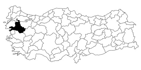 Map of balikesir ils province in Turkey country on white background. Single State map highlighted by black colour on Turkey map. Türkiye, TR, Republic of Türkiye