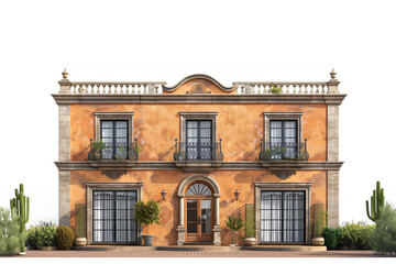 Naklejka premium A charming Mediterranean house with stucco walls and wrought iron details, featuring vibrant greenery and potted plants.