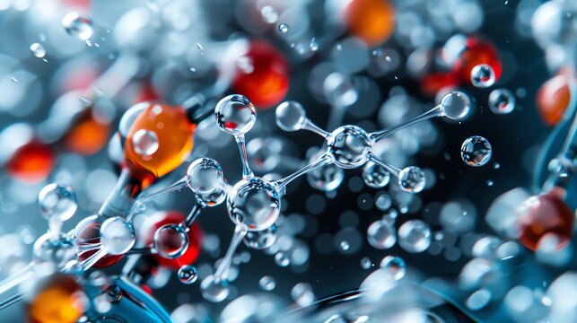 Detailed closeup of oil molecules in water, aqua, scientific artistry